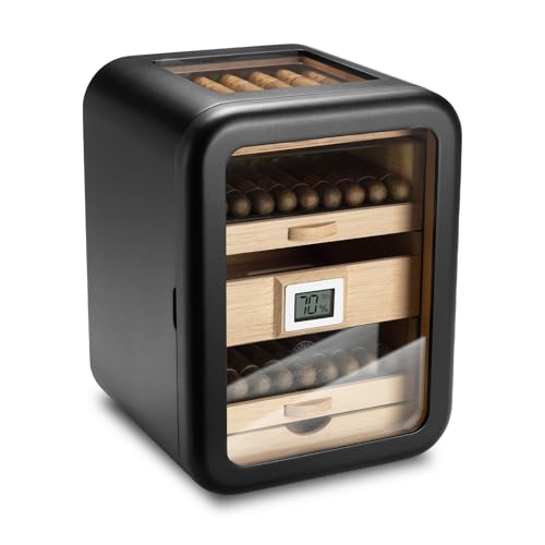 CIGARLOONG Cedar Wood Cigar Humidor with Glass Top&Built in Humidifier& Hygrometer Luxury 4 Drawers Cigar Cabinet Storage 110 Cigars for Men (Black)