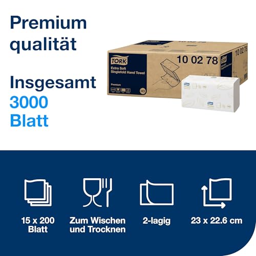 Tork extra weiche Zickzack Papierhandtücher Premium 100278 - H3 Falthandtücher für Zickzack Papierhandtuchspender - besonders saugfähig, 2-lagig, weiß - 15 x 200 Tücher
