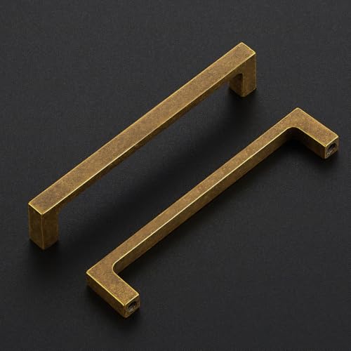 Image of Ravinte Antique Brass Kitchen Cabinet Solid Handles,5 Inch,10 Pack | Solid Zinc Alloy, Modern Slim Style, Square Design, Deep-Thread Firm Base, Screws Included, for Kitchen Drawers & Cupboards