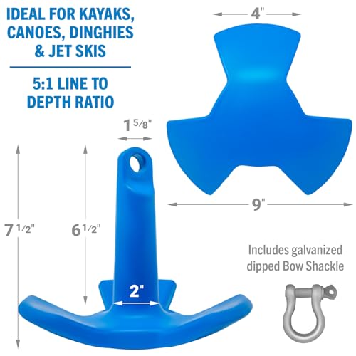 Image of River Anchor 8 lb for Kayaks Canoes Dinghies and Jet Skis, Vinyl Coated | Cast Iron Mushroom Anchor with Bow Shackle for Lakes Rivers Mud, Better Boat