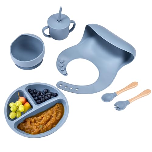 Childlike Behavior Baby Blue Weaning Set of 6 - Silicone Feeding - Self Feeding Baby Wooden Fork and Spoon, Plates, Bibs, Easy to Grip, Dishes and Cups - Elephant Eating Learning Essentials