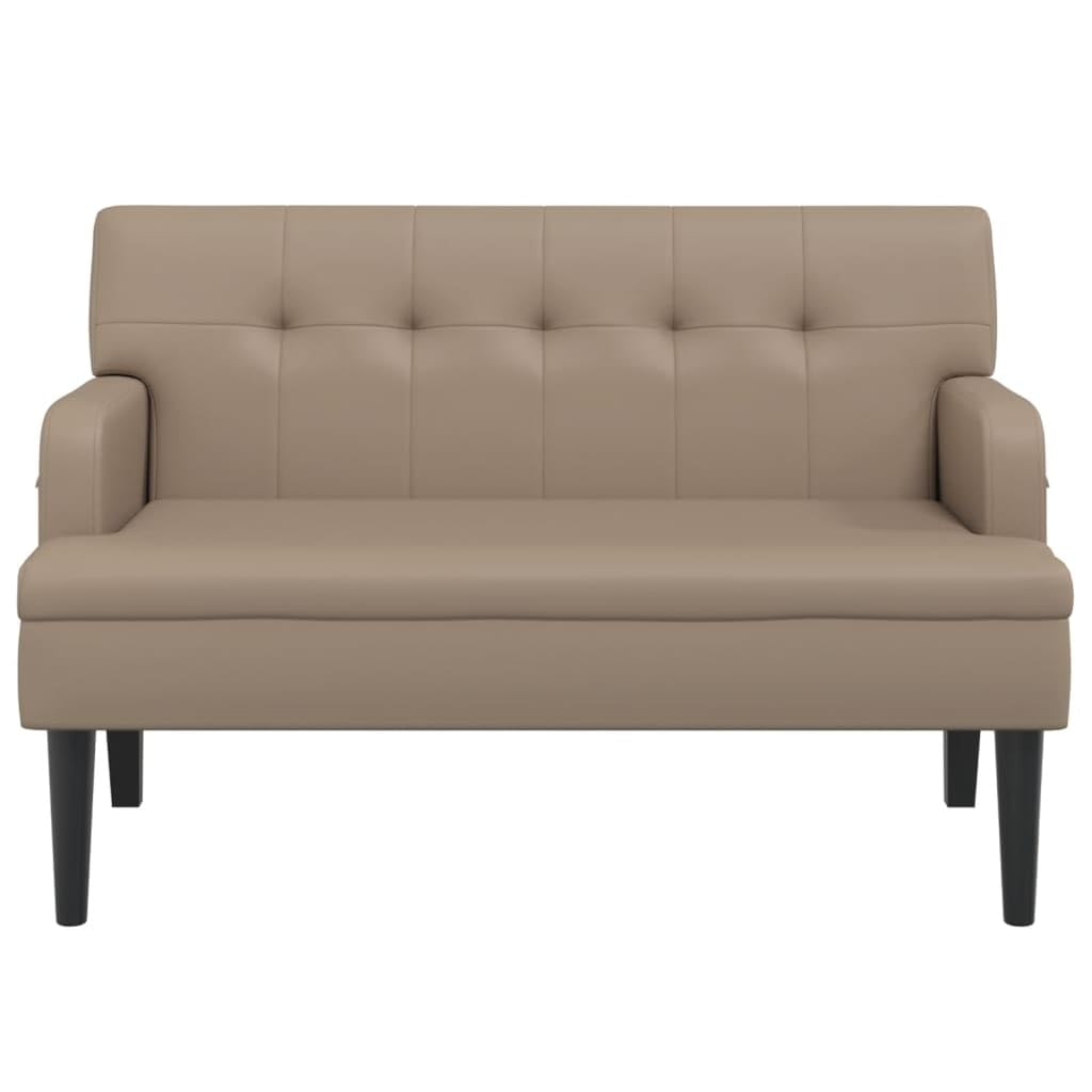 Banco con respaldo y reposabrazos, capuchino, 112 x 65,5 x 75 cm, piel sintética, asiento acolchado grueso, patas de madera de caucho maciza, estructura de madera contrachapada estable, hasta