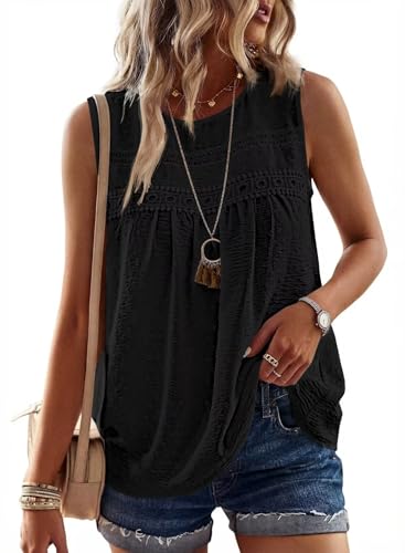 Image of Falechay Womens Summer Tops Boho Shirts Crewneck Sleeveless Tank Tops Flowy Lace Hem Casual Blouses Clothing Trendy 2026