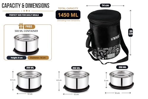 Image of uninox Double Wall Stainless Steel Tiffin Box with 3 Containers & 1 Free Container | Lunch Box for Office, School & Travel | Black Colour