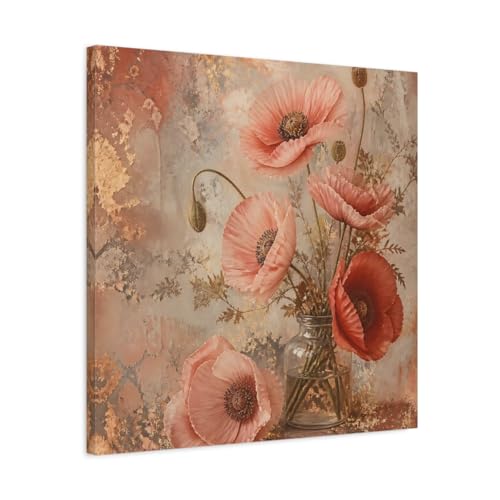 Tableau Coquelicots Rose et Or Idéal pour Grand Mur de Salon