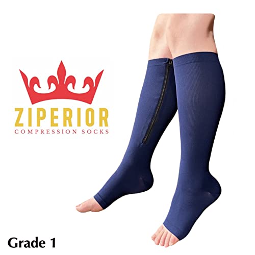 Image of Open Toe 15-20 mmHg Compression White Navy Gray Inside Leg Zipper Socks