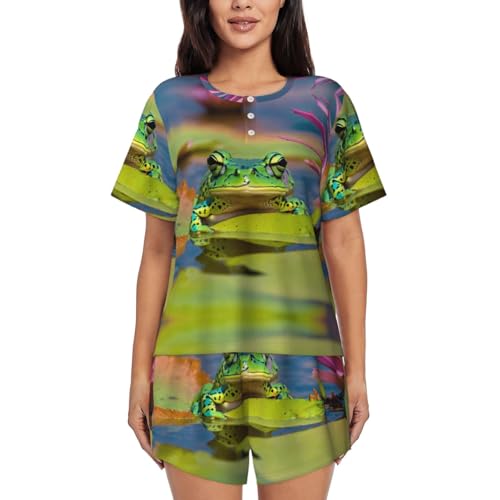 rannsut Conjunto de pijama de manga corta con estampado de rana para mujer, suave y cómodo, ropa de dormir de verano, Negro, S