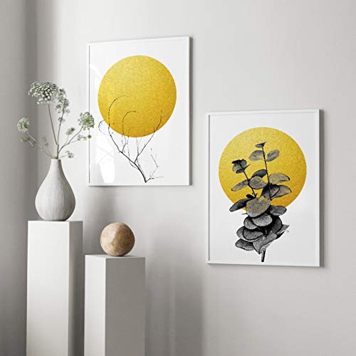 Peinture abstraite feuilles jaunes et soleil 80x110 cm sans cadre pour salon