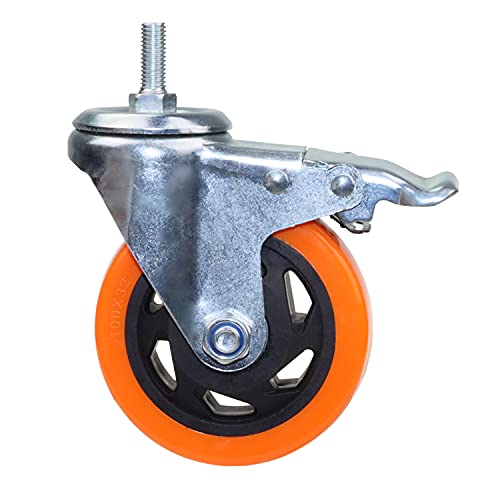 Image of Heavy Duty Stem Caster Wheels M10-1.5X25mm Dual Locking No Noise PVC Threaded Stem Caster Wheels Pack of 4 for Workbench, Dolly, Furniture (4 Inch, Orange)