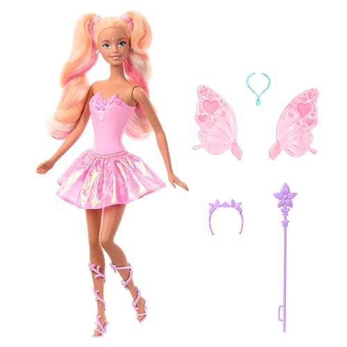 Barbie Poupée Barbie Fée avec baguette magique et accessoires de mode, ailes et tenue avec fonction changement de couleur, JCP76
