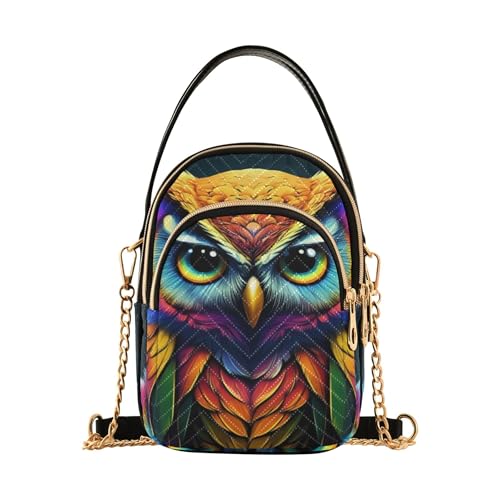 Cool Colorful Owl Black Women's Shoulder Purses Decorative Chain Wallet Cell Phone Purse Quilted Zipper Lady Bowler Satchel