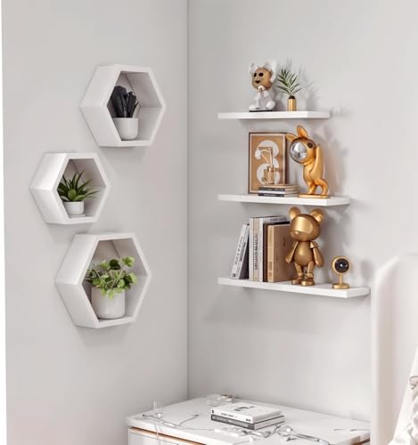 Image of Engineered Wood Woden Hexagonal Shape Wall Hanging Rack Floating Shelves for Display for Photos,Plants Living Room, Bedroom,Bathroom, Kitchen, Office Decor (White)