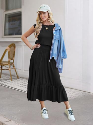Image of Kikibell Womens Summer Dresses Cap Sleeve Elastic Waist Midi Dress with Pocket Long Causal Sundress Beach Vacation Outfits