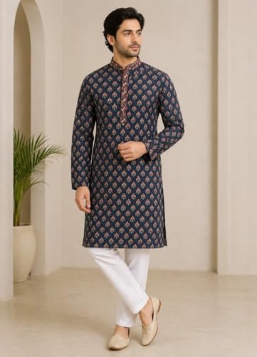 Image of Tattva Men Navy Blue Geometric Design Sequined Jacquard Kurta with Pyjamas