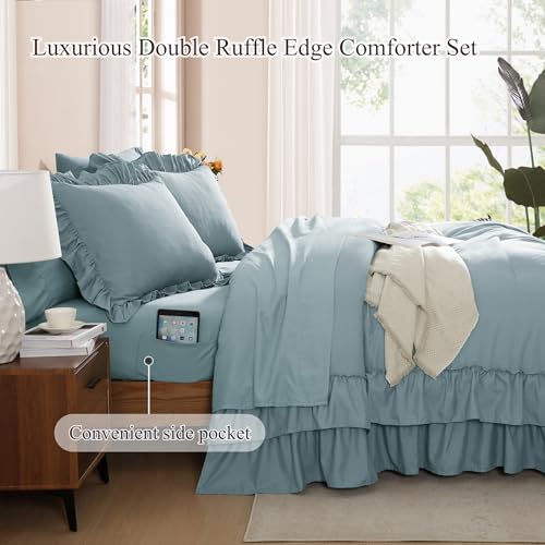 Image of Queen Comforter Set Dusty Blue Ruffle 7 Pieces Farmhouse Bed in a Bag | Shabby Chic Fluffy All Season Bedding Sets with Sheets, Pillowcases & Shams