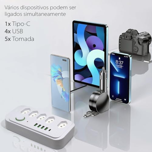 Régua Tomada de Energia USB, 5 Tomadas, 4 Portas USB, 1 Porta USB Tipo-C, Filtro de Linha com Cabo d