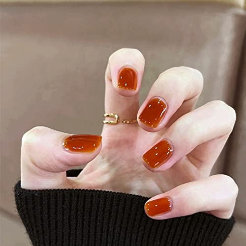 Kithue 24 Pcs Squoval Caramel Solid Color Fall Fshion Extra Short Press On Nails False Nails Fake Nails For Women And Girls