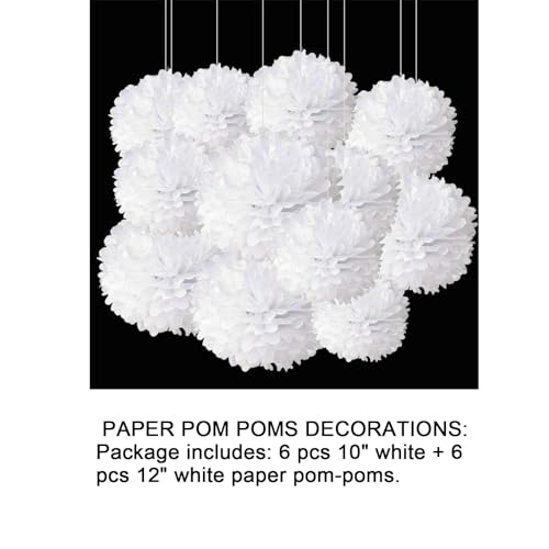 Image of 12pcs White Paper Pom Poms Decorations for Party Ceiling Wall Hanging Tissue Flowers Decorations - 1 Color of 12 Inch, 10 Inch