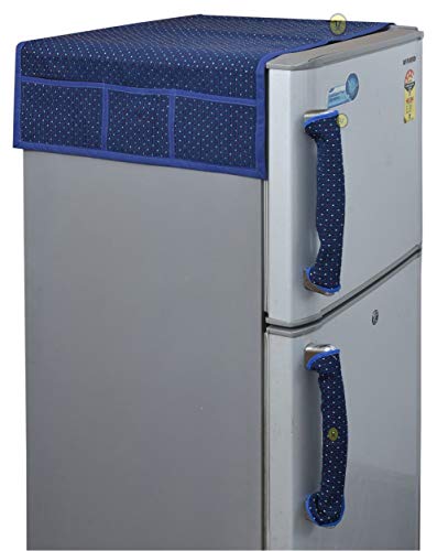 Image of Yellow Weaves� Exclusive Polka Dot Decorative 1 Fridge Top Cover and 2 Handle Covers + 3 Fridge mats - Blue Colour
