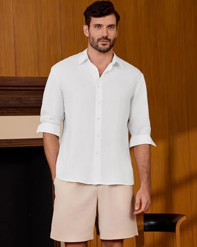 Kallspin Men's 100% Linen Button Down Shirts Classic Breathable Summer Beach Collared Shirts3