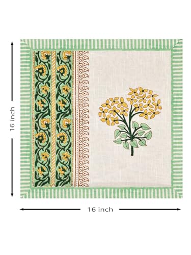 Image of BLOCKS OF INDIA Hand Block Printed Cotton Linen Cushion Cover (16 x 16 inches) (DYE Green Yellow Half)