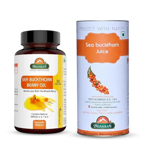 Image of Biosash Sea Buckthorn Wellness Combo, Himalayan Sea Buckthorn Juice 250ml (Makes 50 Glasses) + Berry Oil Capsules 30 Caps | Omega 3 6 7 9, Antioxidant-Rich, Skin & Daily Immunity Support