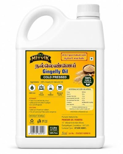 Image of MITVIK 100% Pure Cold Pressed Sesame /Gingelly Oil | Traditional Cold Pressed Sesame Oil | Unrefined & Naturally Filtered | No Chemicals or Preservatives | Rich Aroma for Everyday Cooking. (5 Ltr)