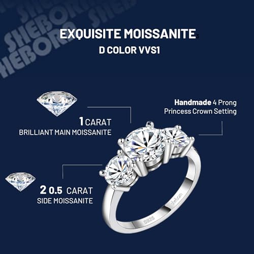 2ct Moissanite Rings for Women 3 Stone Wedding Band Moissanite Travel Engagement Ring 925 Sterling Silver 18K White Gold Plated D Color 2 Carat Anniversary/Wedding/Promise Jewelry for Her2