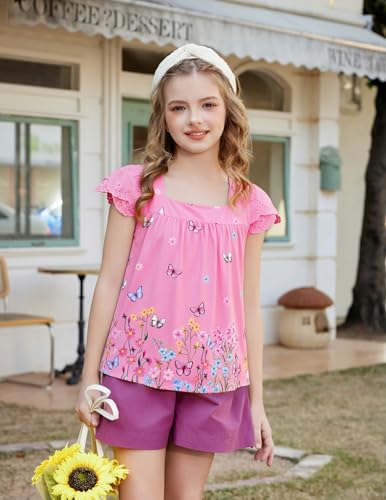 Image of Arshiner Girls Shirts Short Sleeve Square Neck Summer Lace Openwork Pleated Tops Blouse Tunic