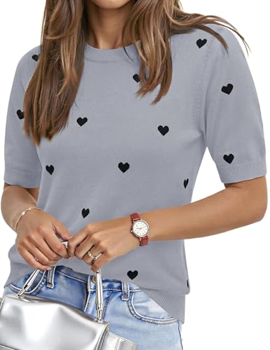 Aprolive Grey Sweater Women Short Sleeve Knit Heart Sweater 2026 Spring Summer Lightweight Dressy Casual Cute Tops(7-Black Heart-Grey Medium)