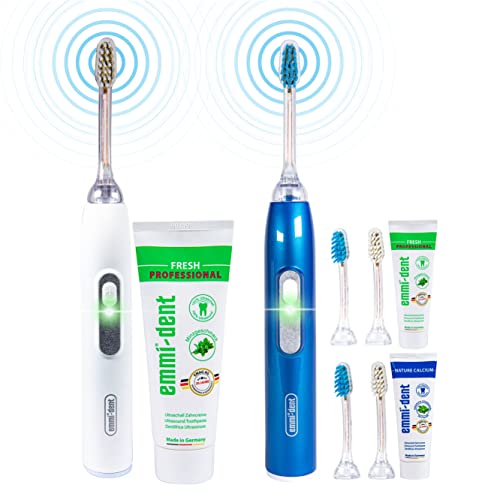 emmi®-dent Metallic Spazzolino Elettrico a Ultrasuoni (Kit Family Bianco + Blu) I Pulizia dei Denti Ottimale Senza Sfregare I Durata della Batteria Fino a 12 Giorni