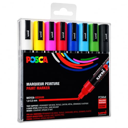 POSCA - Uni Mitsubishi Pencil-8 Marqueurs PC5M-Pointe Conique-Couleurs Classiques - Posca Pointe Moyenne - Marqueurs Peinture à Base d'Eau-Tout Support-Pour Papier, Textile, Verre, Galet, Bois