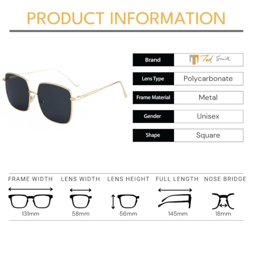Image of Ted Smith and Stylish Square Sunglasses For Men Women | Full Rim & 100% UV Protection | Grey Lens & Metal Frame | Large | (58-18-145)