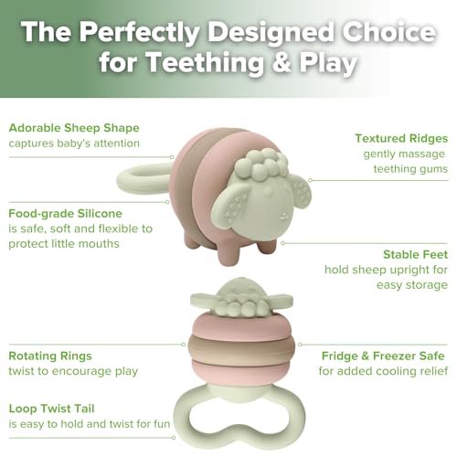 Image of haakaa Twisty Tilly Silicone Sheep Teether, Soft Textures for Sore Gums, Easy-to-Grip Rotating Ring Design Encourages Babies to Grasp, Twist and Explore, Desert Rose