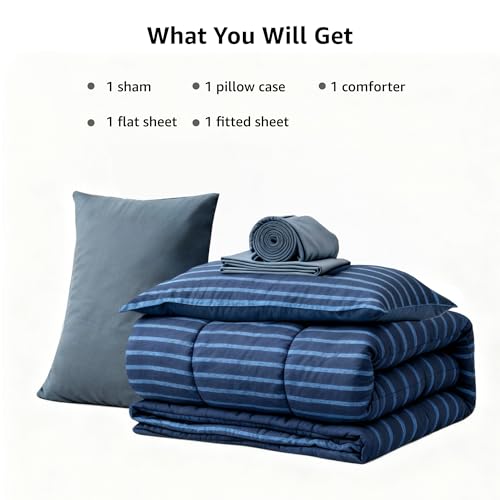 Image of Monbix Twin XL Comforter Set - Extra Long 5 Pieces Dorm Bedding Sets, Navy Blue-Stripe Bedding Sets, All Seasons Comforter Bed Set with Sheets, Pillowcase & Sham