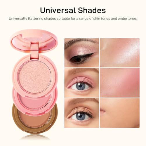 Image of Multibrite Blush Highlighter & Contour Palette 3 in 1 Makeup Powder Set Compact Powder Blush Highlighter Silky Smooth Face Blush Cheek Tint, Moisturizing Luminizer for Women (M01 Pink)