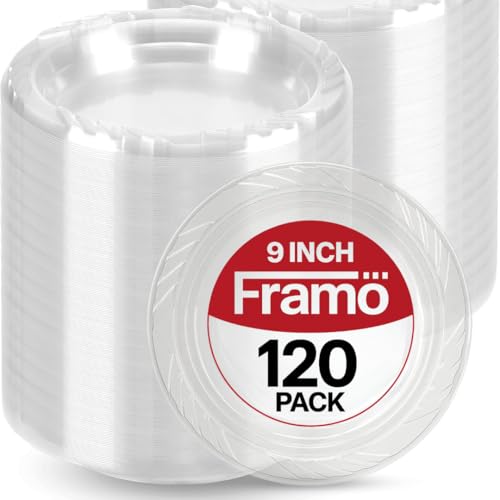 9 Inch Disposable Clear Plastic Plates In Bulk By Framo for Party and Dinner,And For Any Occasion, Microwaveable, BBQ, Travel, and Events (9 Inch 120 pack) 9 Inch Disposable Clear Plastic Plates In Bulk By Framo for Party and Dinner,And For Any Occasion, Microwaveable, BBQ, Travel, and Events (9 Inch 120 pack)
