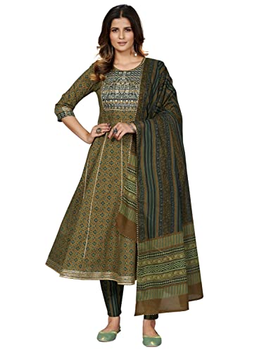 Image of Vbuyz Women's Cotton Print & Embroidered Anarkali Stitched Kurta Pant with Dupatta (VF-KU-1704-SKD-36 Mahendi Green S)