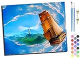 croisiere voilier goelette 【KIT COMPLET】 sans cadre, toile pré-imprimée colorée (40 x 50 cm), peintures acryliques numérotées, pinceaux de qualité et instructions détaillées.