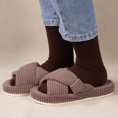 Women's House Slippers Corduroy Indoor Slippers Memory Foam Bedroom Open Toe Slippers Cross Band House Shoes2