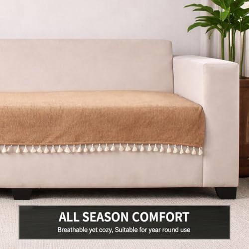Image of STITCHNEST Beige Chenille Sofa Cover 70x60 Inch - Soft, Durable & Textured Fabric with Tassels | Full Coverage Sofa for Living Room, Bedroom, or Drawing Room7