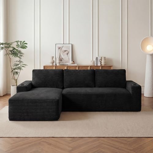 Image of 104 inch L Shaped Boneless Sectional Couches for Living Room, Comfy Corduroy Floor Cloud Sofa with Chaise and Cup Holder, Wide Armrest, Deep Seat, Assembly Free, Ideal for Small Spaces, Black