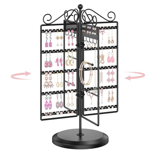 Image of MODOWEY Rotating Jewelry Holder Organizer Stand, 250 Hole and Groove Stud Dangle Earring Display Metal Rack, 10 Hook Necklace Tree for Bracelet Ring Storage, Compact Multi-Use Tower for Women, Black