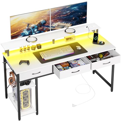 Rolanstar Bureau avec Rangement 100 cm - Table Ado avec 3 Tiroirs, LED RGB et Prises de Courant - Bureaux pour Ordinateur à Domicile, Blanc