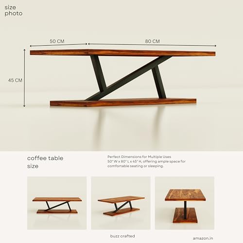 Image of Coffee Table /Centre Table /Tea Table Racktangle Solid Sheesham Wood top with Black Metal Frame, Z - Shape Sofa Table Living Room,Office, Dining,Bedroom, Sofa Side, Home Decor Brown