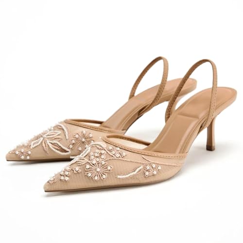 JORISTIMO Mesh Slingback Embroidered Kitten Heels for Women Pointed Closed Toe Pearl Heelsandles Pumps Wedding Party Dress Pumps Shoes