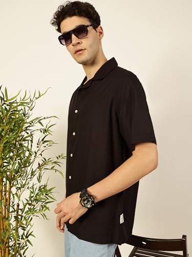 Image of Thomas Scott Men Half Sleeves Camp Collar Oversize Fit Solid Casual Shirt