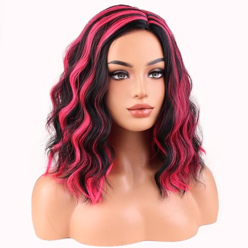 Image of BERON Women Black Highlights Hot Pink Short Curly Wavy Wig for Girls Two Tone Shoulder Length Body Wave Synthetic Halloween Cosplay Daily Party Wigs