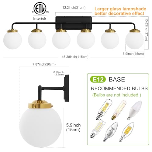 Image of Bathroom Light Fixtures 45.3in 6-Light Black Gold Vanity Lights for Mirror | Bathroom Lighting Fixtures over Mirror, ETL, Brushed Brass Wall Sconce, Dimmable E12 Base Max 60W, Milky Glass Ball Shades