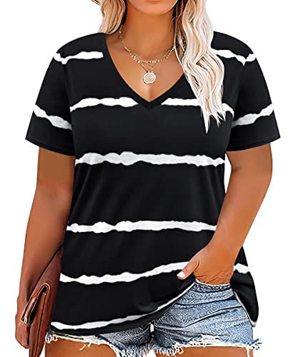 Image of RITERA Women Plus Size Tops Tie Dye V Neck Shirt Floral Camo Summer Short Sleeve Tunic Oversized Ladies Blouse XL-5XL